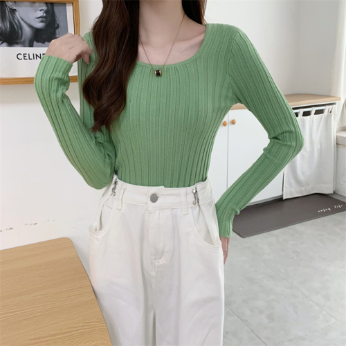 Real shot real price early autumn Korean version simple basic style pit strip solid color thin square neck bottomed sweater top female
