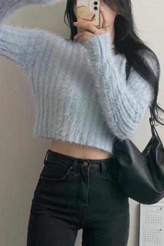 Real price imitation mink short sweater women's Korean soft and gentle model small man solid color round neck sweater