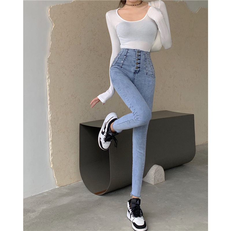 Real price! Fashion heavy industry Nail Drill high waist jeans elastic TIGHT SKINNY Leggings