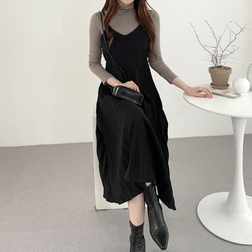 Korean ins autumn and winter suede pleated suspender skirt medium length dress