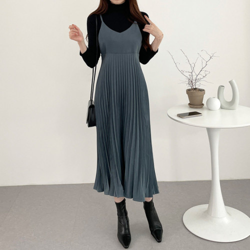 Korean ins autumn and winter suede pleated suspender skirt medium length dress