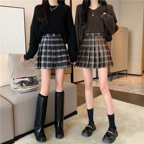 Real shooting real price autumn and winter new Korean high waist thin retro JK Wool Plaid pleated skirt A-shaped short skirt