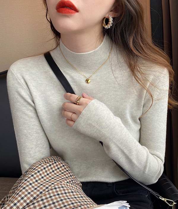Woolen sweater women's new autumn half high collar bottoming shirt in autumn and winter, foreign style, long sleeve, slim top