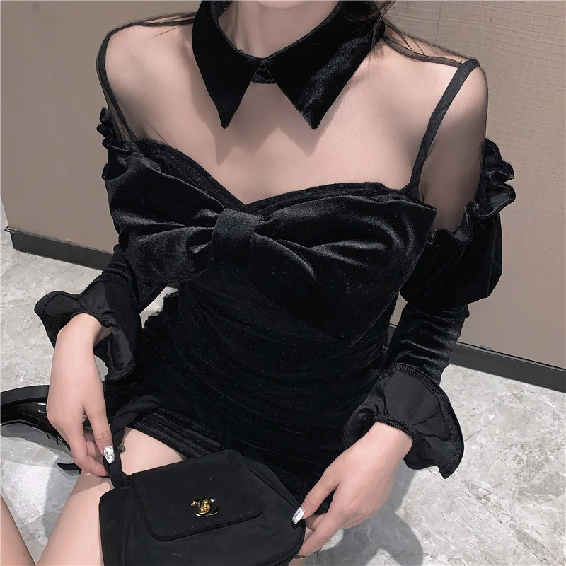 Real shooting real price autumn and winter design feeling Lapel high waist bow mesh splicing velvet High Waist Hip Wrap Dress