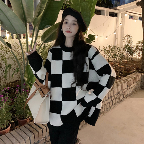 Real price ~ Korean version loose lazy style checkerboard knitted Pullover Sweater Top Women