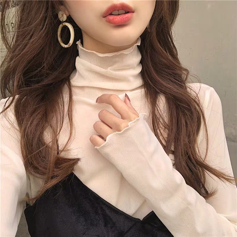 High neck with mesh top, foreign style, age reducing lace bottomed blouse, female