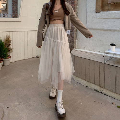 Real price ~ 2021 autumn new fashion elastic waist bound pearl skirt, super fairy mesh skirt, medium length skirt