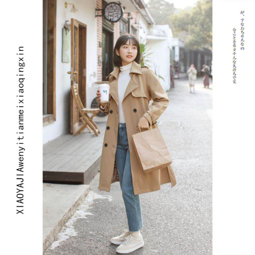 2021 new small windbreaker coat women's middle and long loose over knee fashion British coat spring, autumn and winter