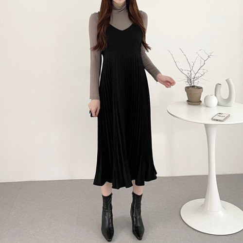 Korean ins autumn and winter suede pleated suspender skirt medium length dress