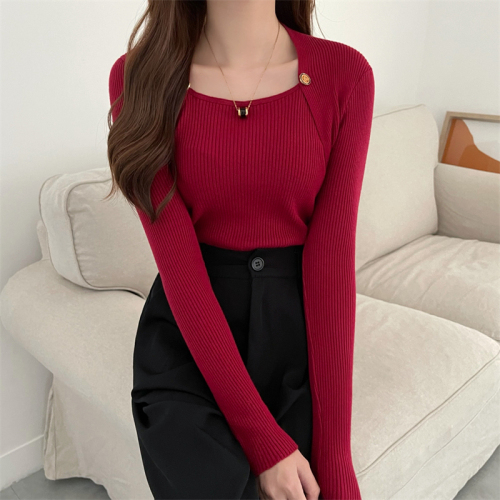 Real price, real shooting, fall and winter versatile, wearing a bottomed sweater, design sense, square collar, thin and exposed collarbone sweater top