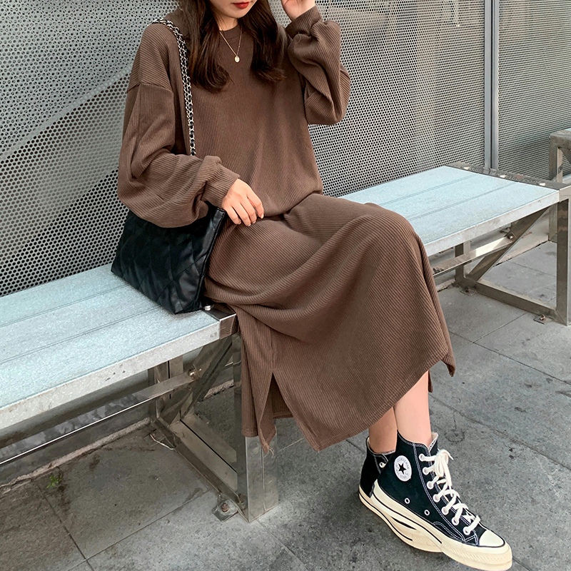 Real shot thickened 320G corduroy pit strip 90 cotton 10 spandex loose knee length women's dress