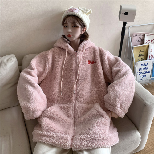 Real shot cashmere zipper Hooded Jacket Women's loose medium length Plush thickened cardigan winter coat