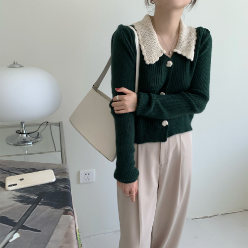 Real shooting French retro temperament manual hook flower polo collar single row Flower Button short long sleeve cardigan sweater