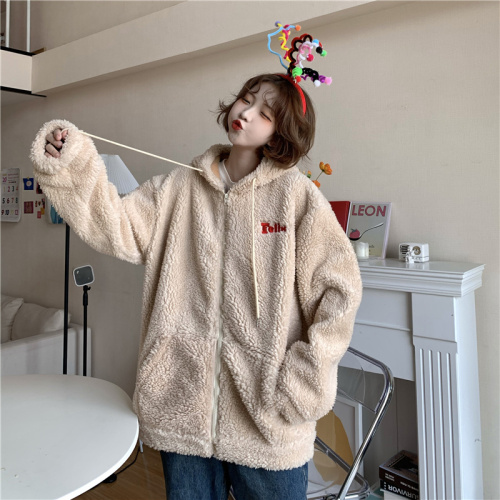 Real shot cashmere zipper Hooded Jacket Women's loose medium length Plush thickened cardigan winter coat