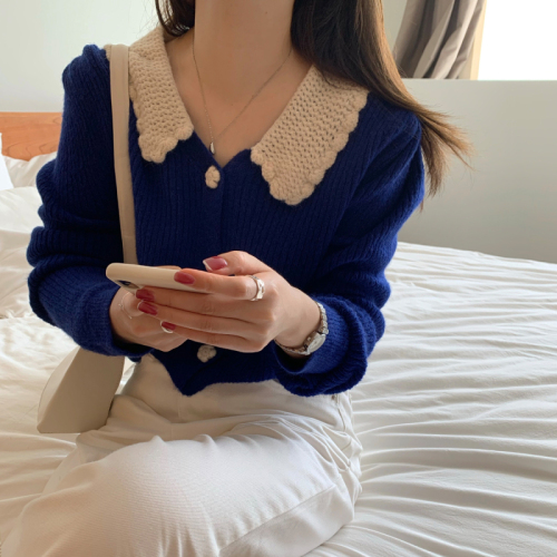 Real shooting French retro temperament manual hook flower polo collar single row Flower Button short long sleeve cardigan sweater