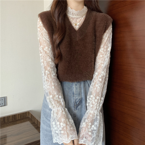 Real price Korean style sweet mink soft Mohair vest vest vest + versatile embroidery lace shirt