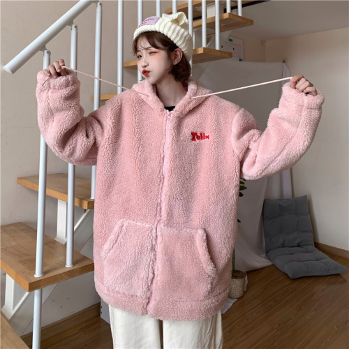 Real shot cashmere zipper Hooded Jacket Women's loose medium length Plush thickened cardigan winter coat