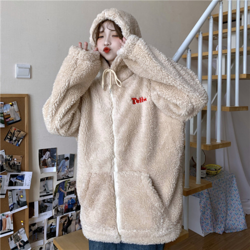 Real shot cashmere zipper Hooded Jacket Women's loose medium length Plush thickened cardigan winter coat