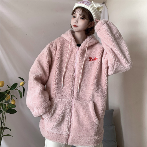 Real shot cashmere zipper Hooded Jacket Women's loose medium length Plush thickened cardigan winter coat