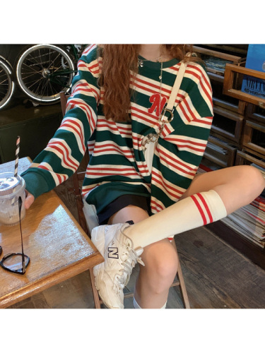 Naoao retro contrast striped sweater women's spring tide ins long sleeve loose casual versatile round neck T-shirt