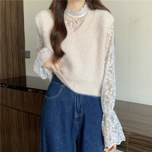 Real price Korean style sweet mink soft Mohair vest vest vest + versatile embroidery lace shirt