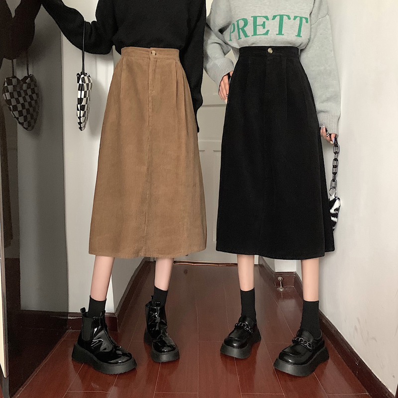 Real price 2021 new corduroy medium and long casual semi elastic waist tooling skirt high waist skirt