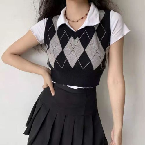 American retro contrast rhomboid knitted vest vest vest women's College style V-neck sleeveless top