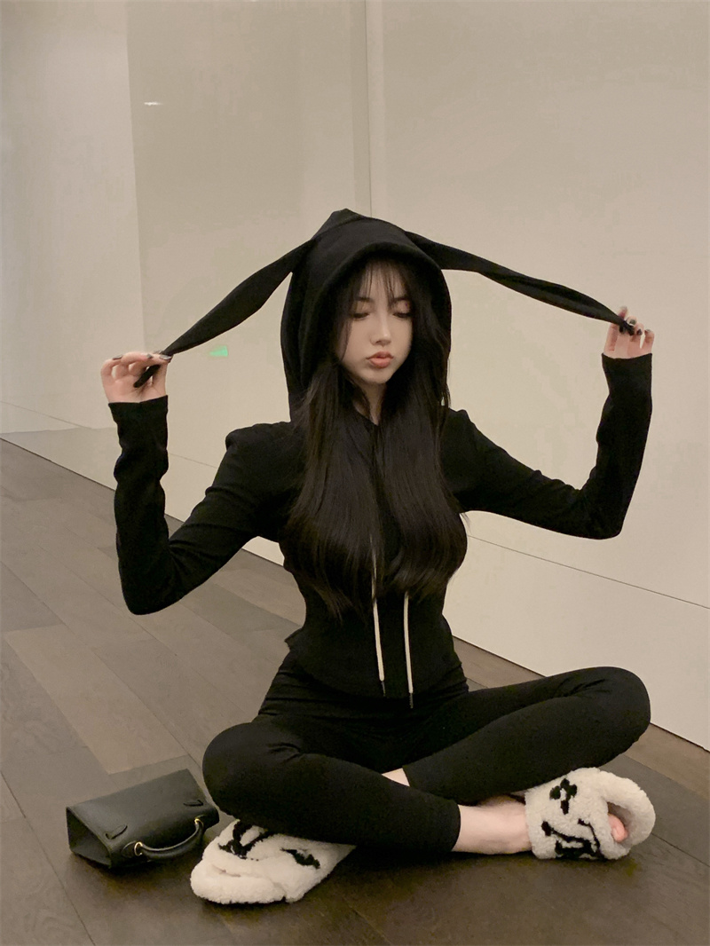 Real shot real price frosted rabbit ear sweater women's sense of design niche short lazy wind hooded top