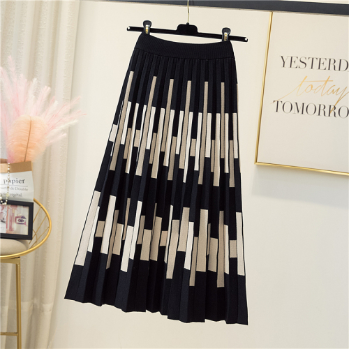 Wool A-line skirt loose high waist thin medium and long knitted half skirt vertical stripe pleated skirt in autumn and winter 2021