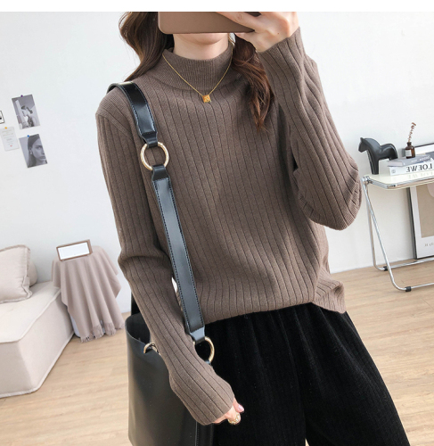 Half high neckline with open stripe sweater as base coat for women in autumn and winter with loose elastic and thin solid color versatile T-shirt