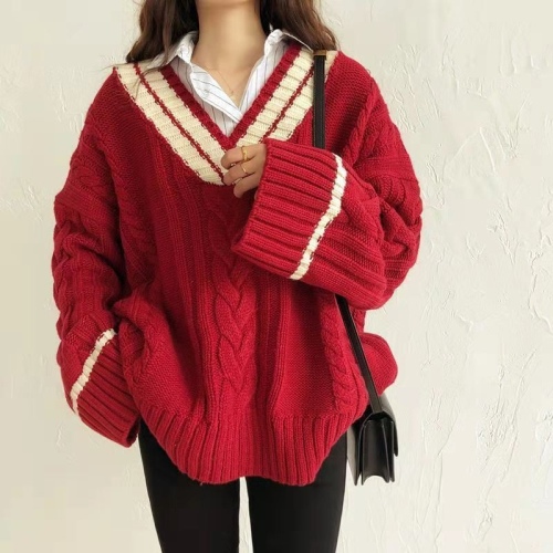 Color blocked thickened V-Neck Sweater female student autumn winter college Korean loose and versatile retro twist knitted coat