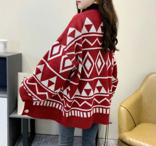 Real shooting of exotic geometric diamond knitted cardigan women's spring thickened lazy loose outer wear medium and long sweater coat