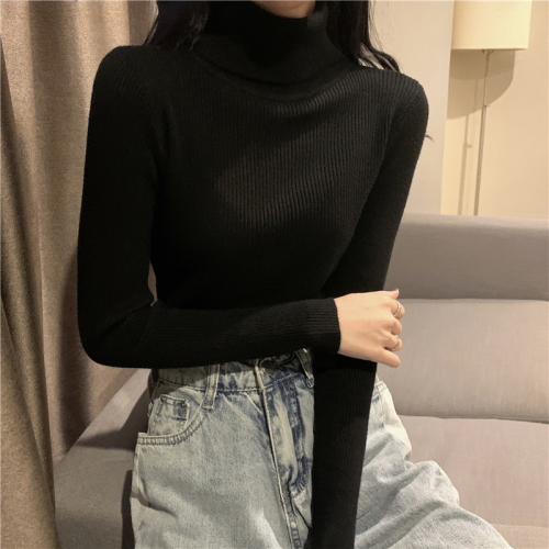 Real shooting real price autumn and winter pure color versatile sweater high neck long sleeve bottomed Shirt Top