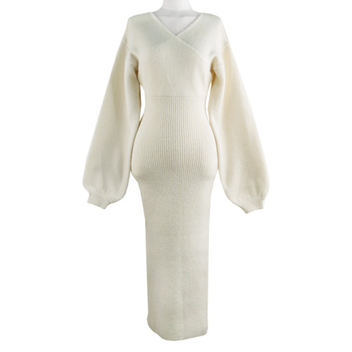 Korean chic autumn winter V-neck cross wrap hip skirt split medium length knitted dress