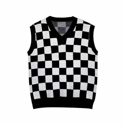 Black and white checkerboard knitted vest women's new loose and versatile sweater coat in early autumn 2021