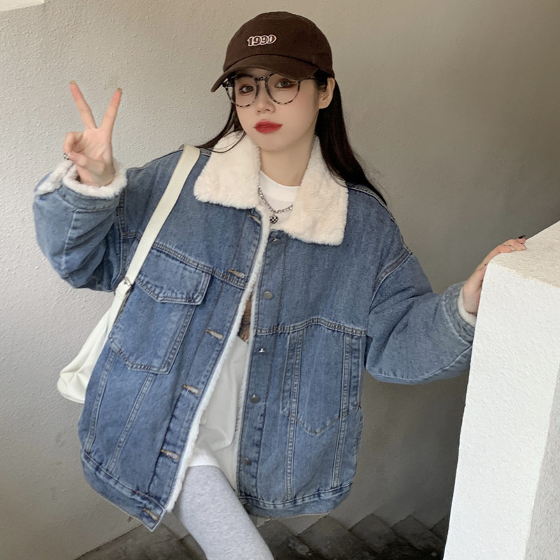 Real price trend fried Street retro thickened Denim Jacket Women's simple and versatile casual Plush jacket in autumn and winter