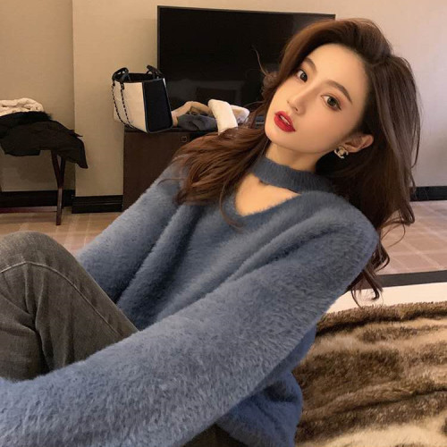  autumn and winter new V-neck hanging neck Pullover mink lazy sweater for women