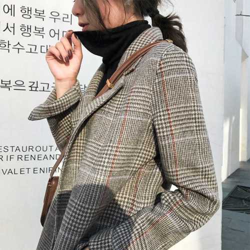 Korean Plaid suit coat women's new slim fit mid length Vintage Plaid Wool Suit in autumn and winter 2021