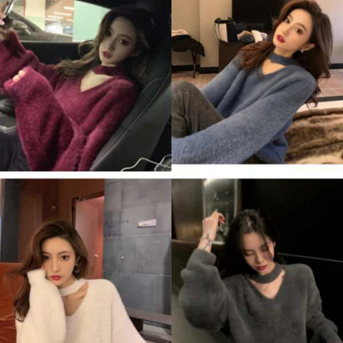  autumn and winter new V-neck hanging neck Pullover mink lazy sweater for women