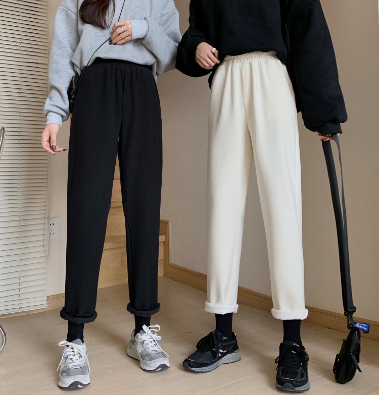 Real shooting real price loose straight tube thickened Capri Pants women's high waist slim Plush casual pants