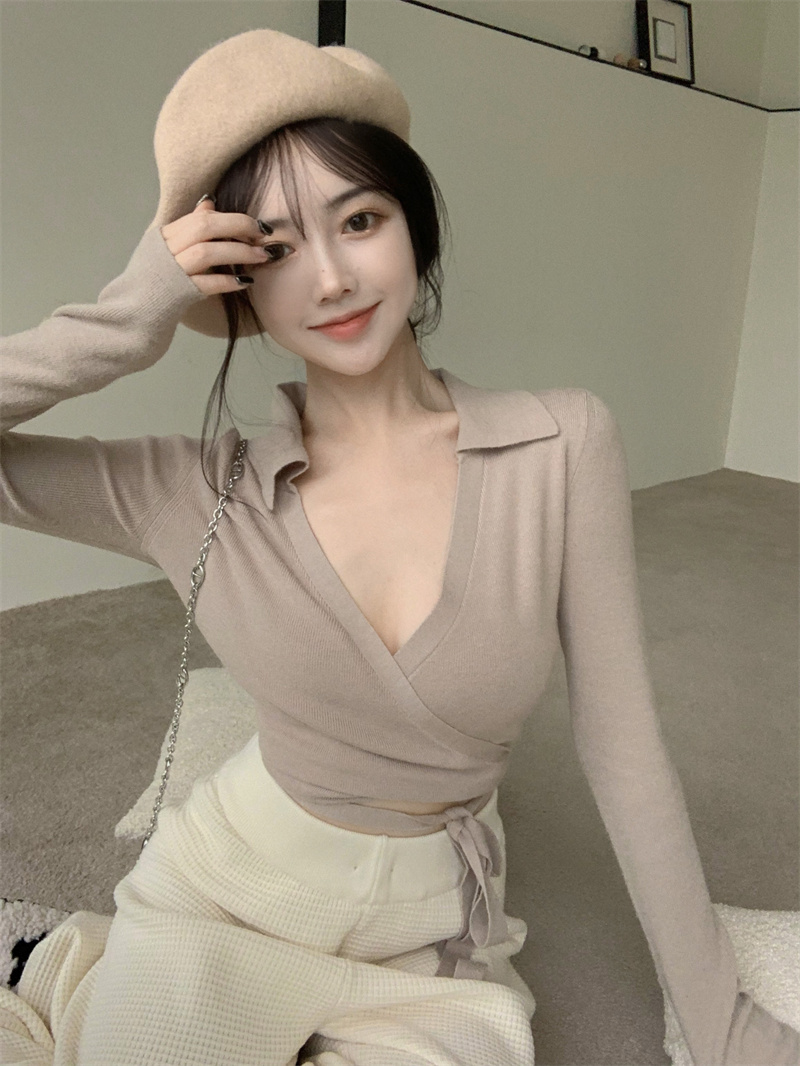 Real price tender cross bandage wrapped collar small Lapel sweater