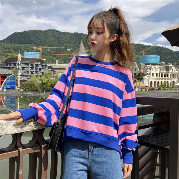 Autumn Korean new long sleeve T-shirt creative stripe stitching split thin top female large student
