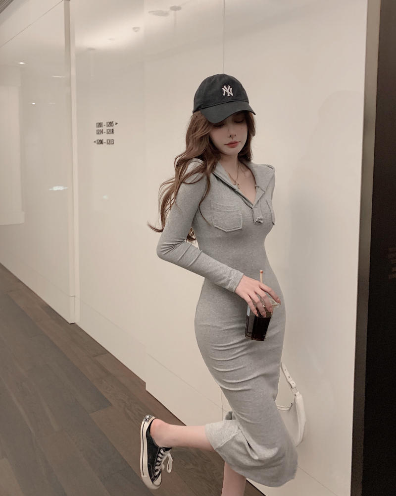 Real shooting real price 2021 new sexy slim mid length hip wrap dress women's split hooded skirt
