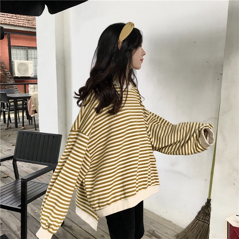 Chic bat sleeve stripe long sleeve top women's spring and autumn new loose and versatile student medium and long T-shirt