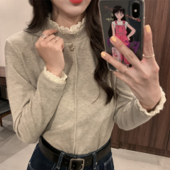 Real price real shooting autumn and winter Plush thickened bottom shirt female lace stitching half High Neck Long Sleeve T-Shirt Top