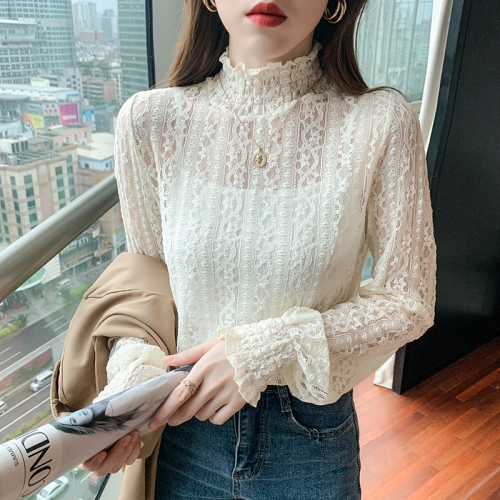 Real price half high collar lace bottomed blouse women's autumn and winter 2021 Western European small blouse Lantern Sleeve mesh blouse