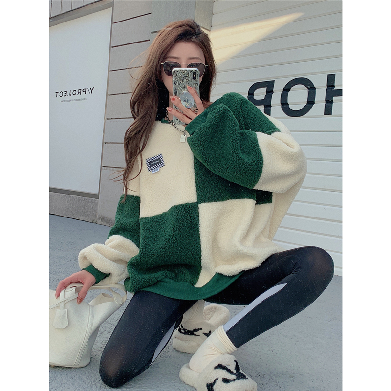 Real price! Contrast stitched lamb wool sweater round neck lazy loose long sleeve coat