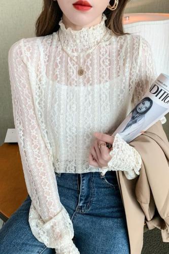 Real price half high collar lace bottomed blouse women's autumn and winter 2021 Western European small blouse Lantern Sleeve mesh blouse