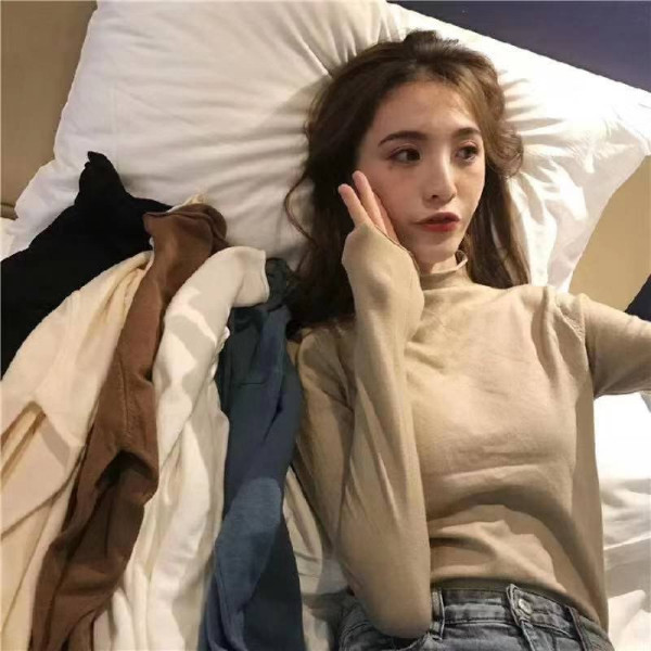 Women's autumn new style bottoming slim curling half high collar long sleeve Pullover Sweater with core spun yarn