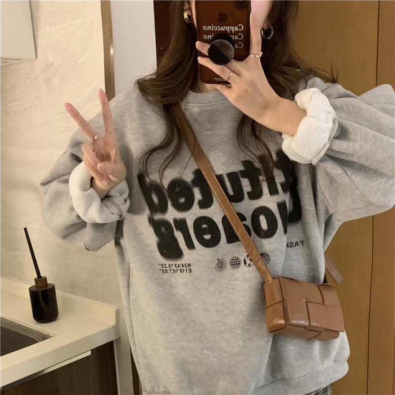 Real price! Korean student retro grey loose round neck Plush sweater fall winter versatile top